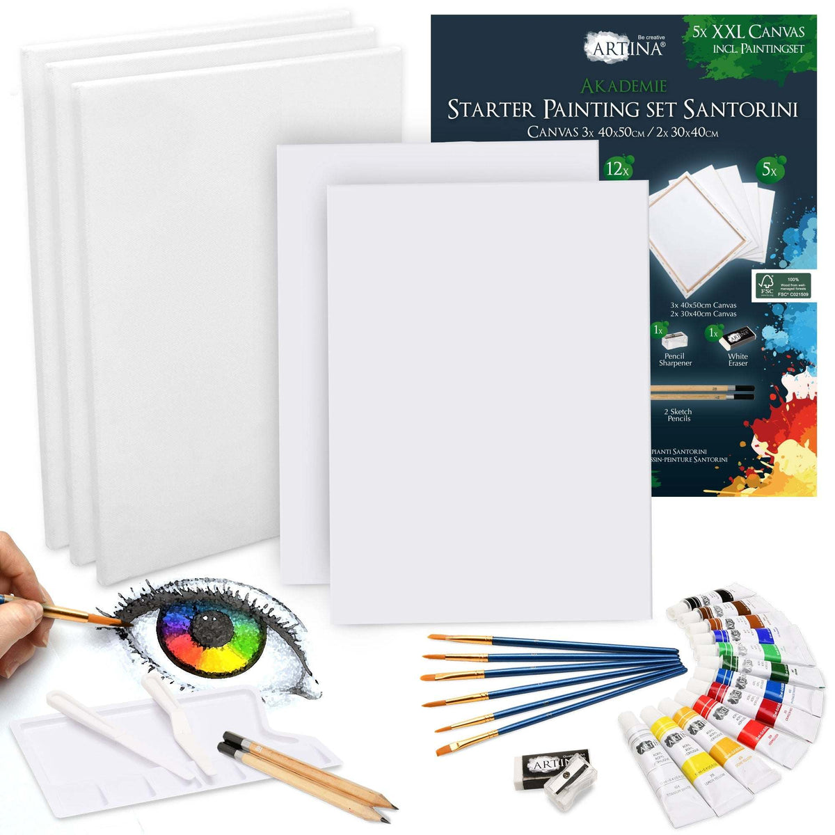 Artina Malset Santorini 30-piece acrylic painting set with 5 FSC-certified cotton canvases, 12 acrylic colors, brushes, palette, and drawing tools