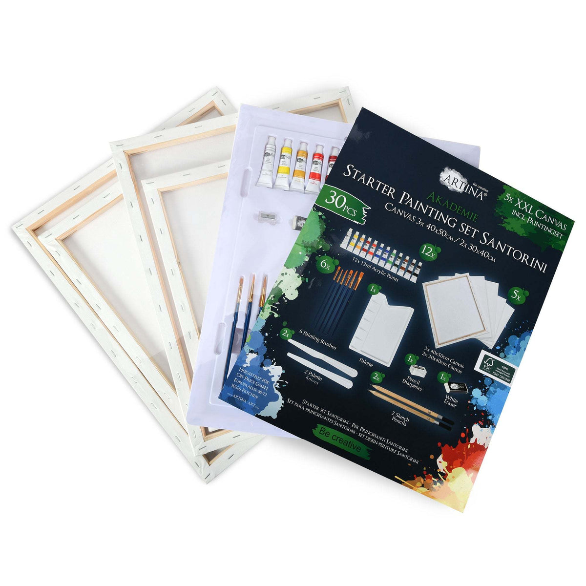 Artina Malset Santorini 30-piece acrylic paint set with wooden Le Mans easel and canvas kit