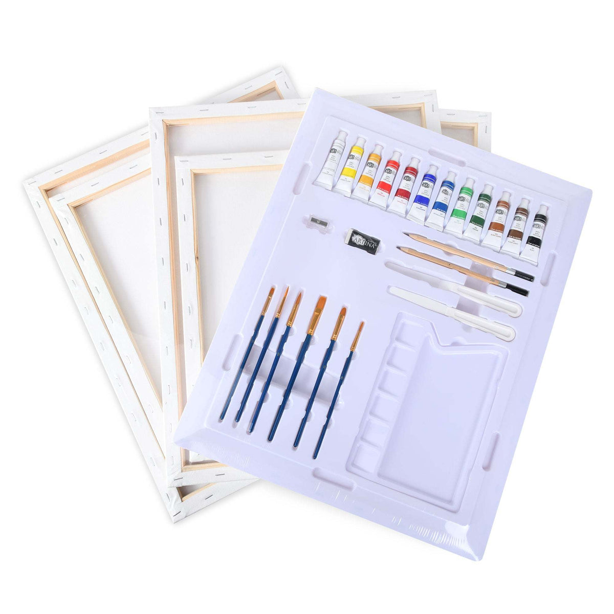 Artina Malset Santorini 30-piece painting set with 5 canvases, acrylic paints, brushes, palette, and drawing tools