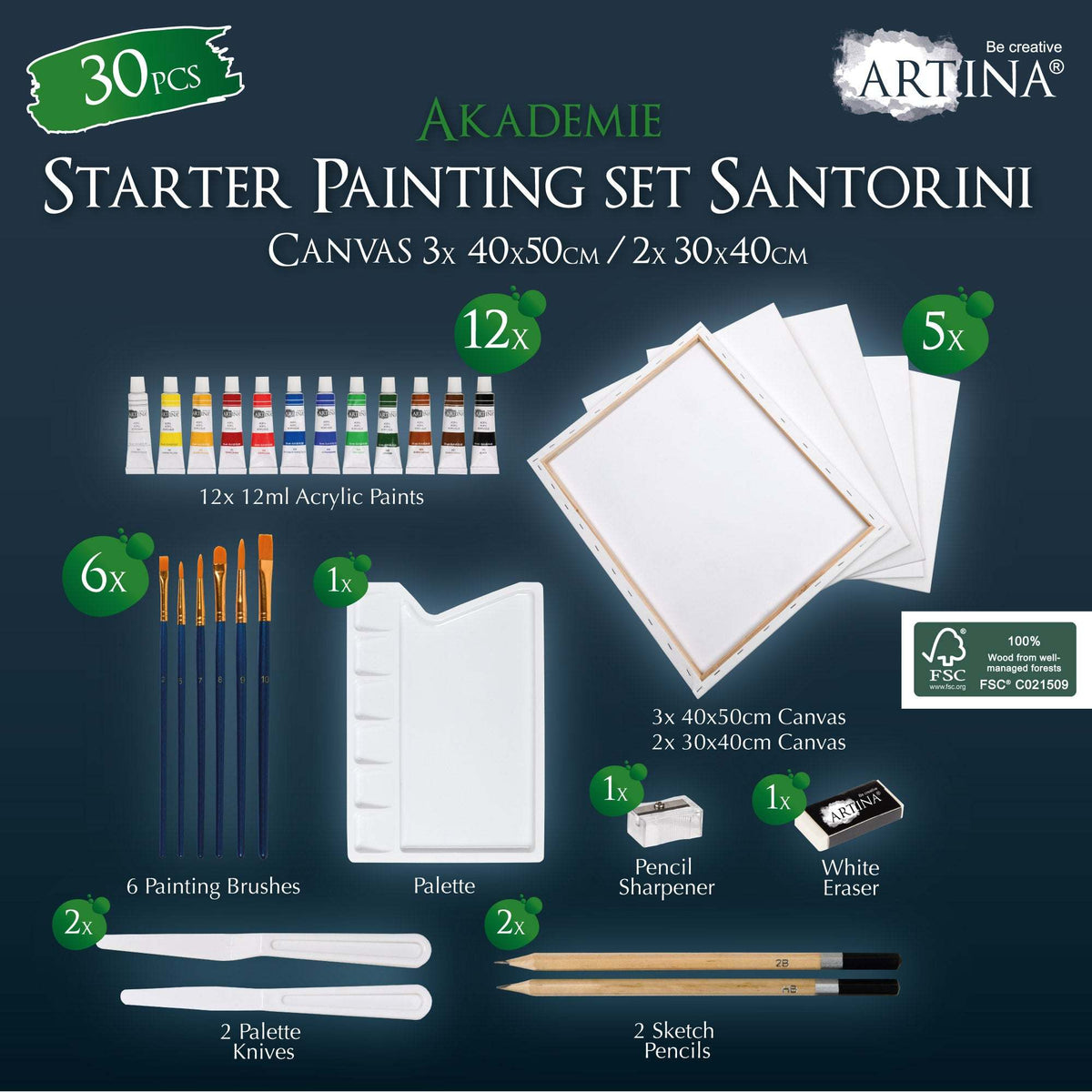 Artina Malset Santorini 30-teiliges Acrylfarben Malset mit Kofferstaffelei Le Mans aus Buchenholz und Zubehör