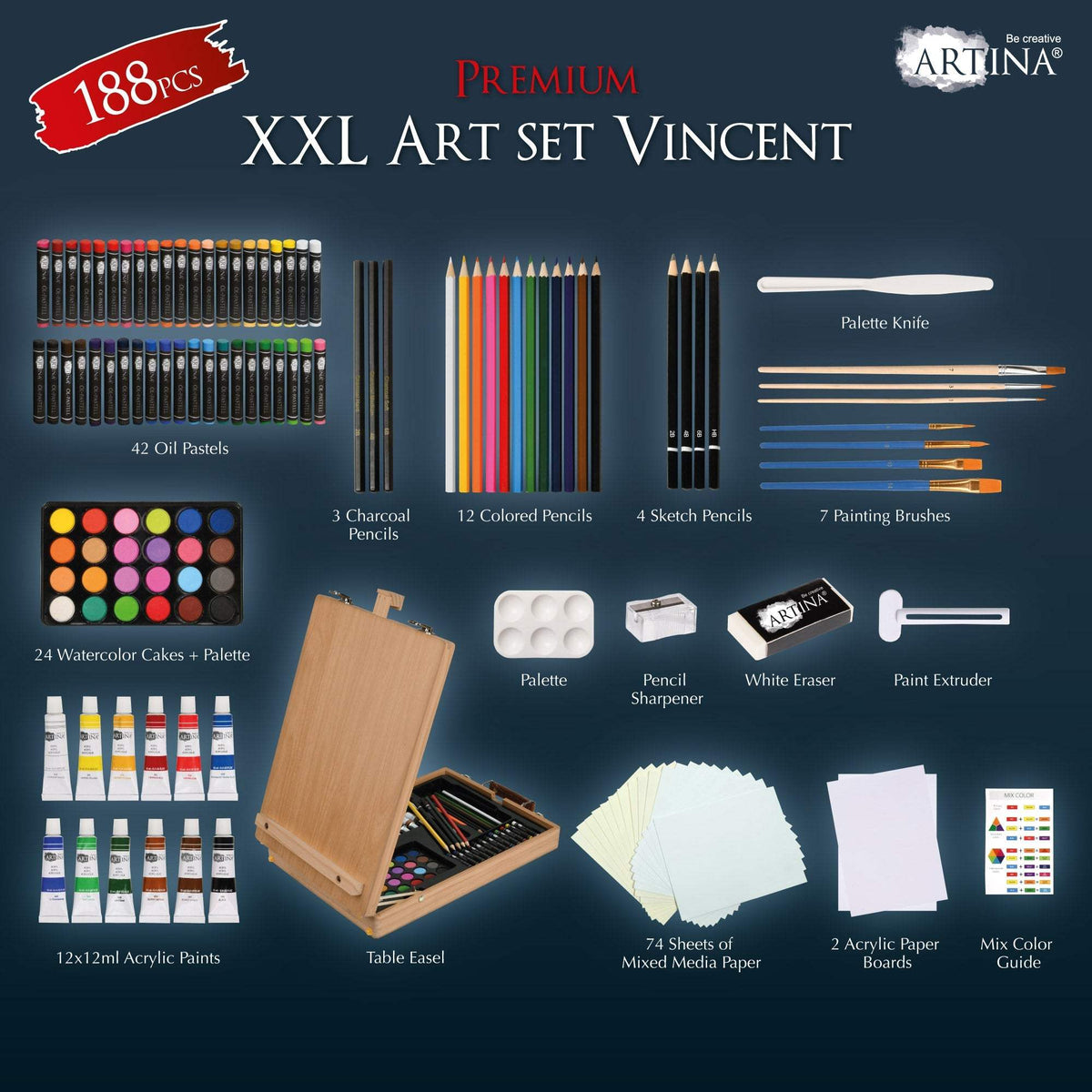 Artina Malset Vincent 188-piece painting set with wooden easel, brushes, acrylic and watercolor paints, oil pastels, pencils, and drawing paper.