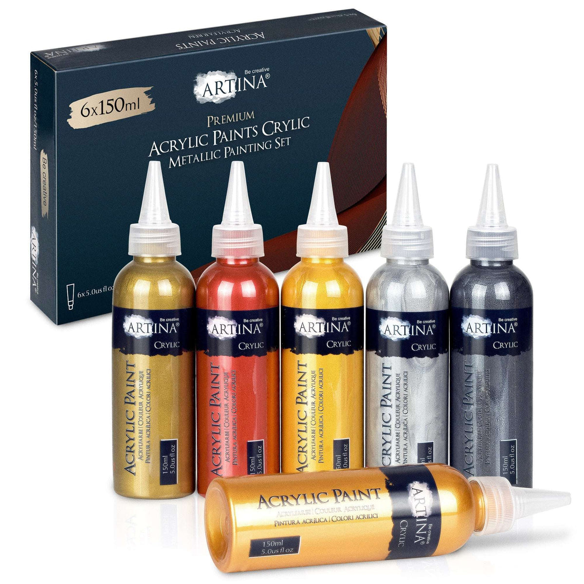 6er Set Artina Metallic Crylic Acrylfarben mit 6x75ml und 6x150ml glänzenden, schnell trocknenden, wasserbasierten Acrylfarben in Metallic-Effektfarben