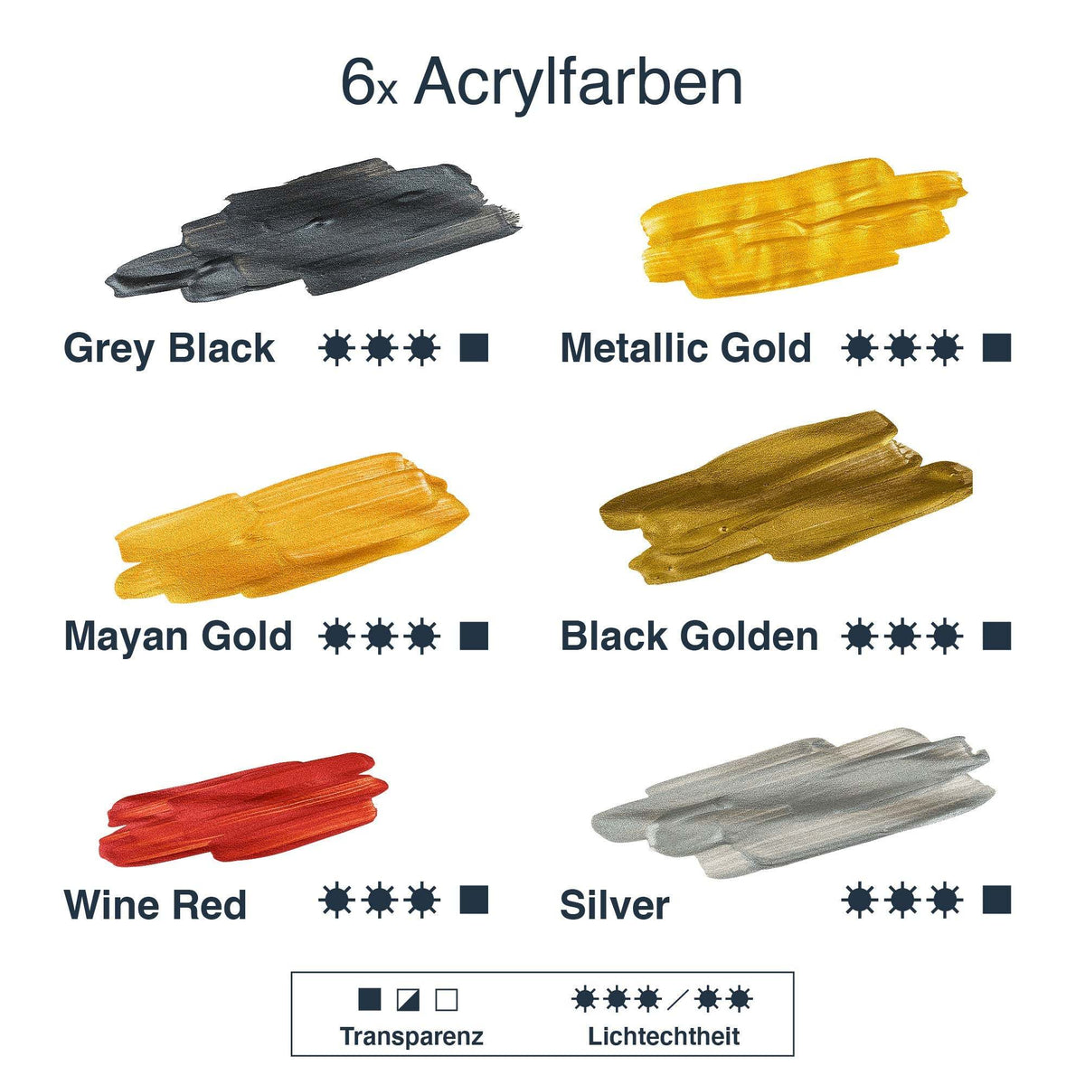 Artina Metallic Crylic 6er Set Acrylfarben mit schimmerndem Metallic Effekt und hoher Lichtechtheit