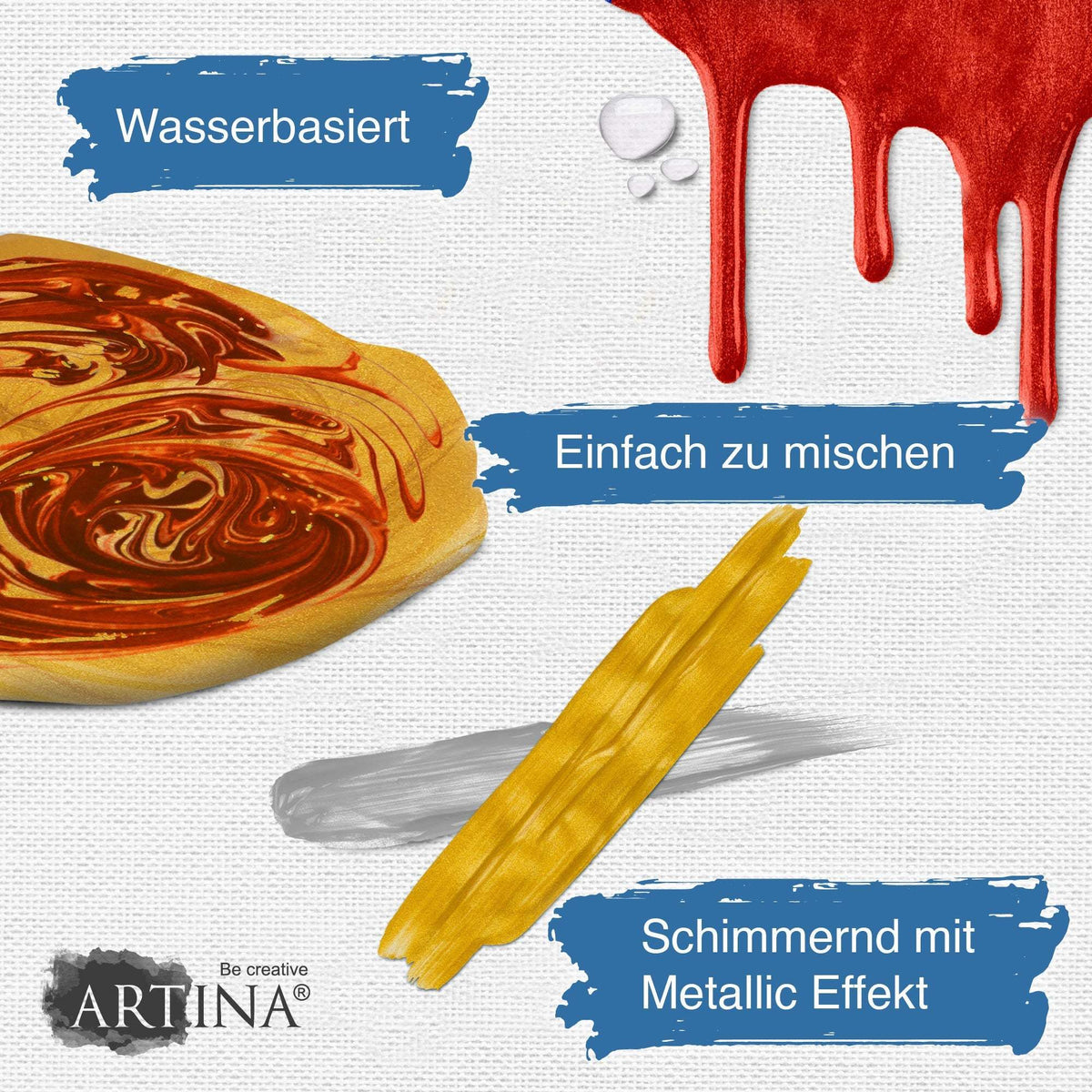 6er Set Artina Metallic Crylic Acrylfarben in 75ml und 150ml Tuben mit schimmerndem Metallic Effekt
