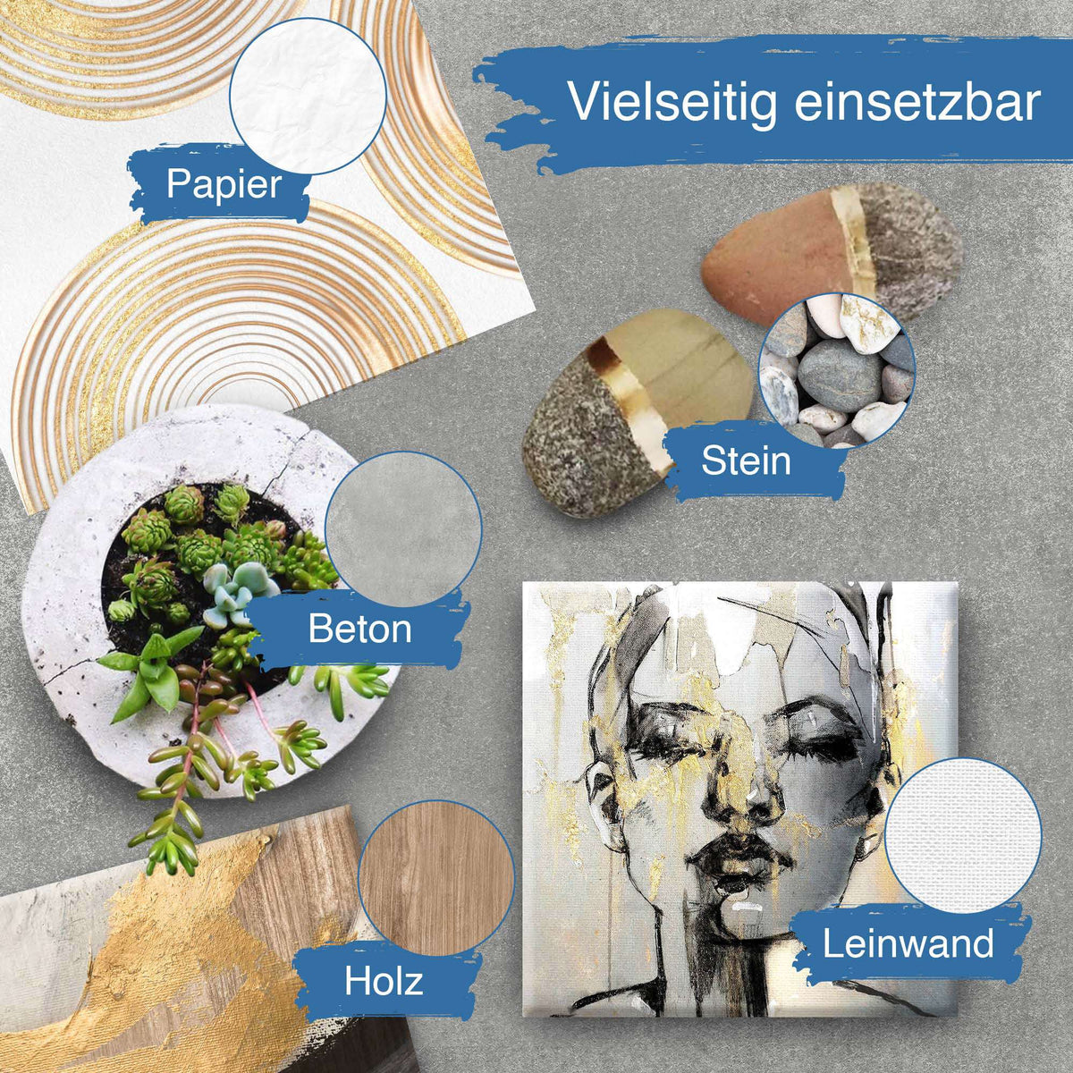 6er Set Artina Metallic Crylic Acrylfarben 75ml und 150ml glänzende, schnell trocknende Metallic Acrylfarben in 6 Farben