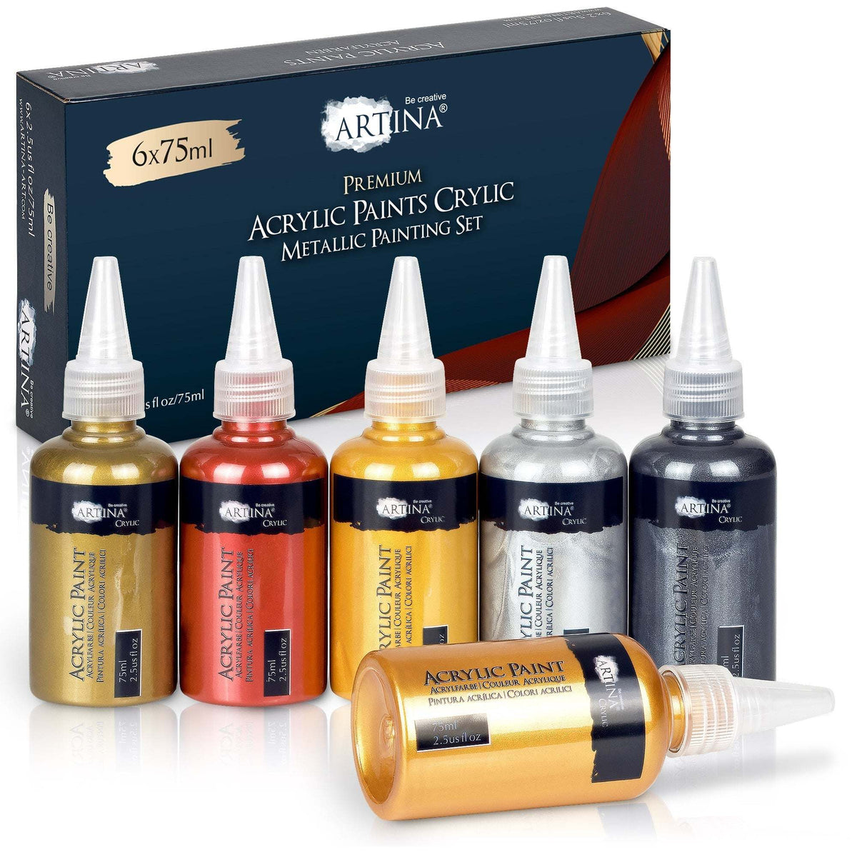 Artina Metallic Crylic Acrylfarben 6er Set mit schimmernden, schnell trocknenden Metallic-Effektfarben in 6x75 ml oder 6x150 ml