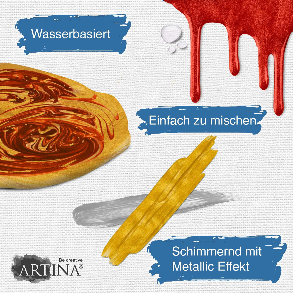 Artina Metallic Crylic 6er Set Acrylfarben mit schimmerndem Metallic Effekt in 75ml und 150ml Flaschen