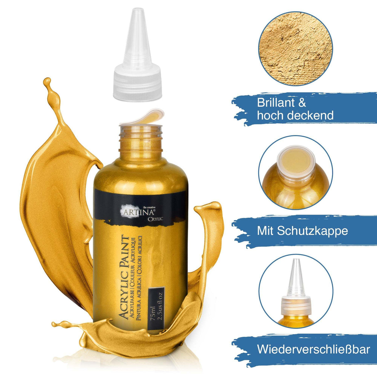 6er Set Artina Metallic Crylic Acrylfarben mit 6x75ml und 6x150ml, schimmernde, schnell trocknende metallische Acrylfarben in verschiedenen Farbtönen