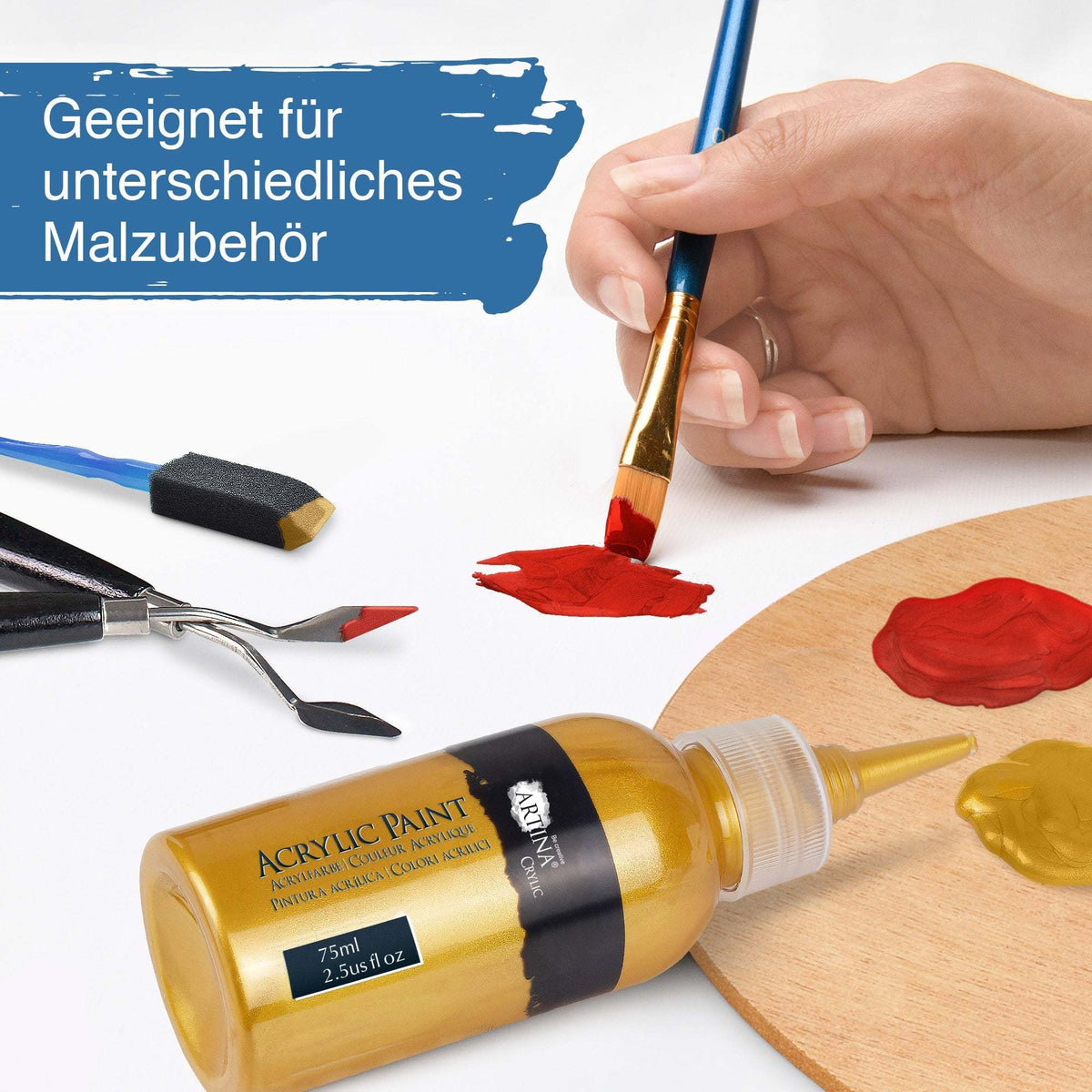Artina Metallic Crylic 6er Set Acrylfarben mit schimmerndem Metallic Effekt in 75ml und 150ml Flaschen