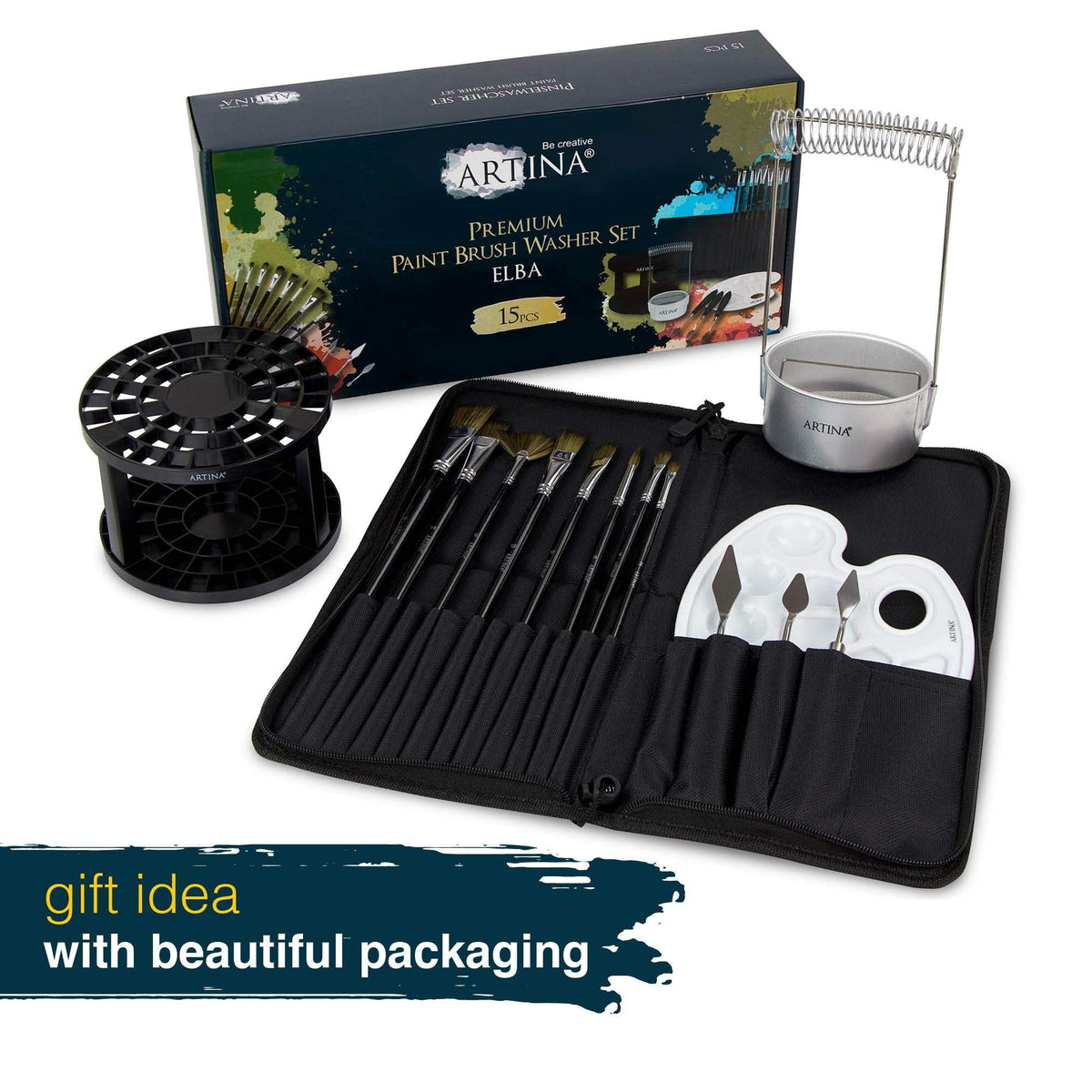 Artina Malset Elba Malutensilien Set mit 8 Pinseln, Pinselhalter, Pinselwascher und Mischpalette