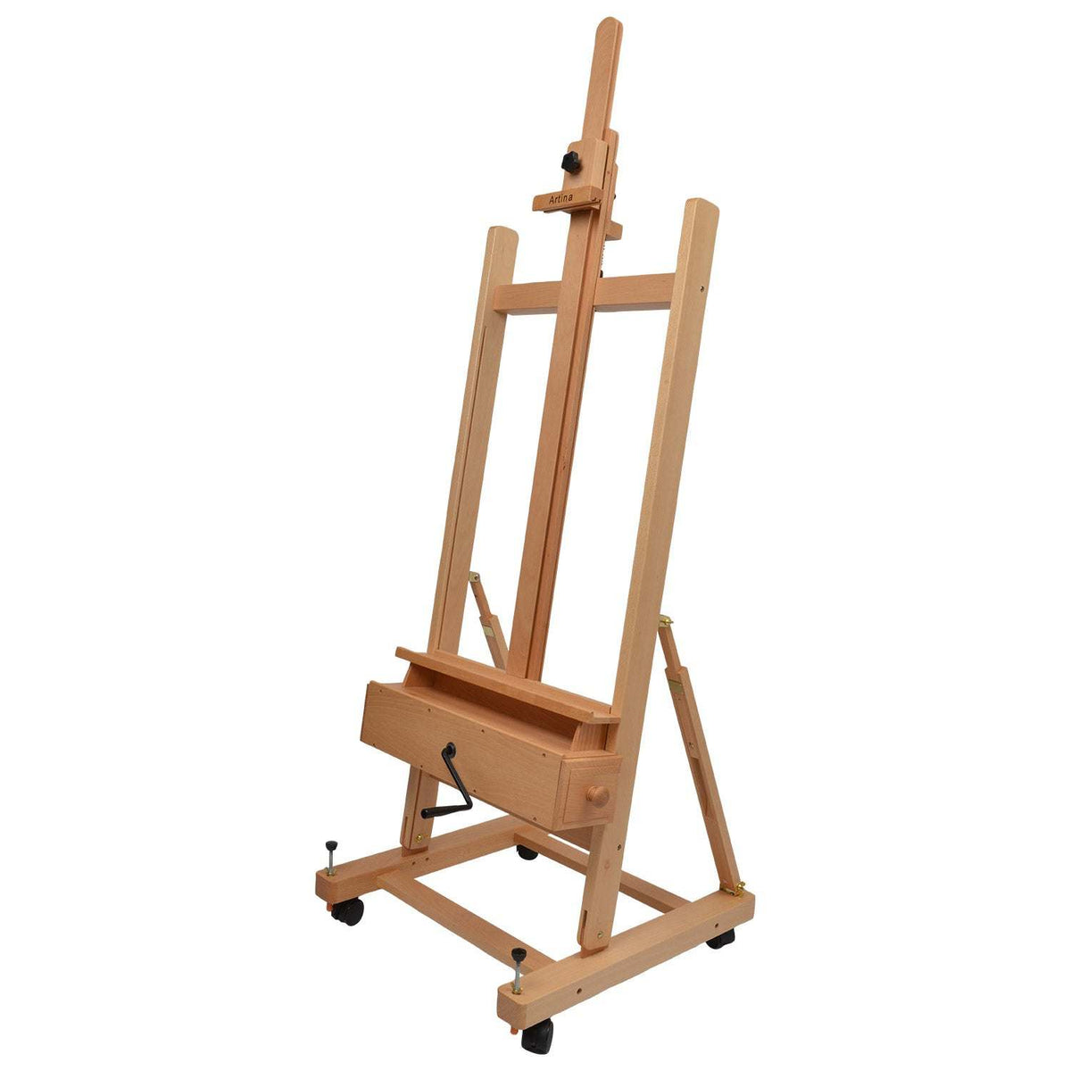 Profi Atelierstaffelei aus massivem geöltem Buchenholz mit Handkurbel und Rollen für Leinwände bis 210 cm