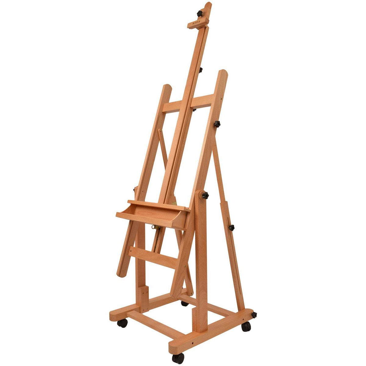 Artina Atelierstaffelei Verona aus massivem geöltem Buchenholz mit Rollen und höhenverstellbarer Malauflage für Leinwände bis 210 cm.
