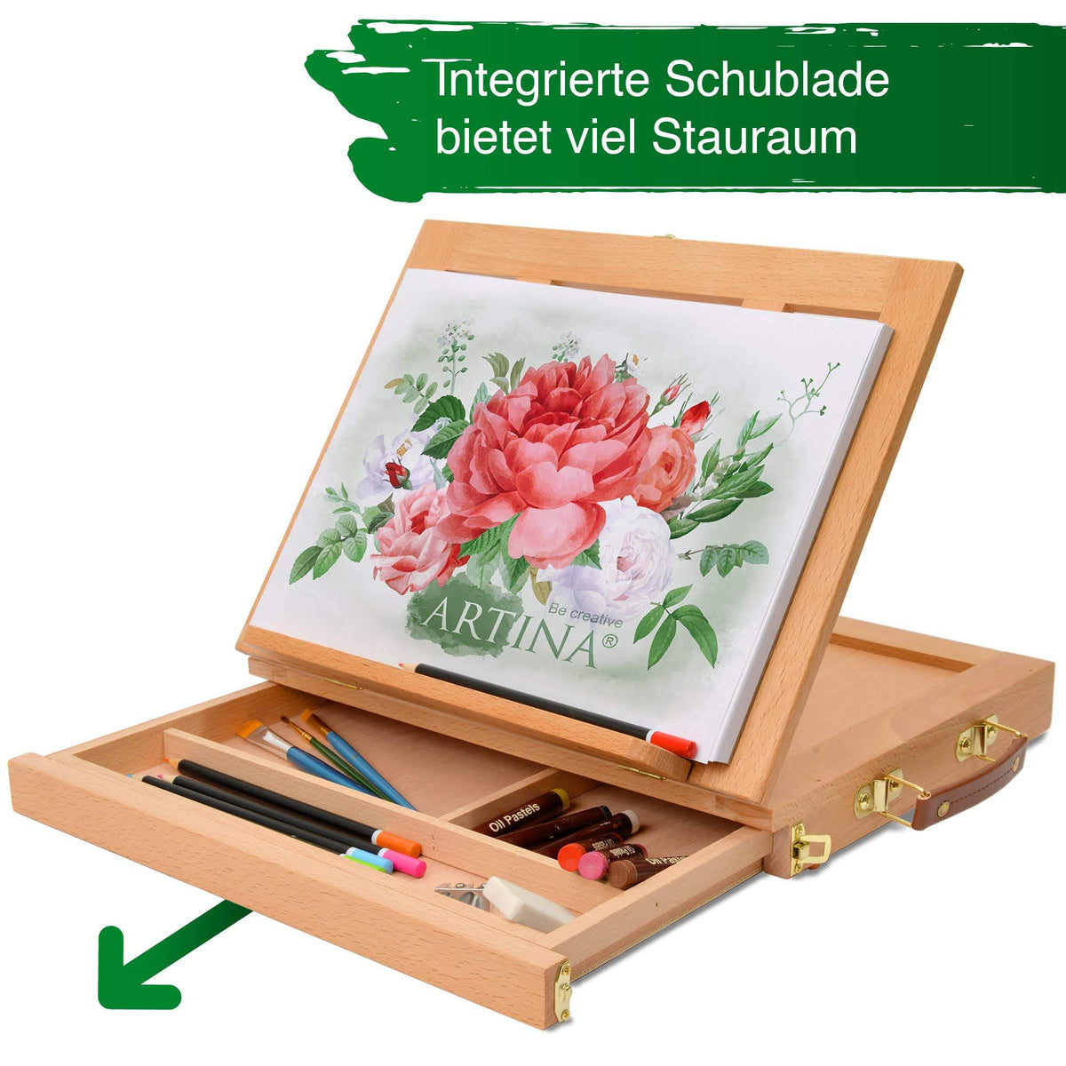 Artina Acrylfarben Malset 25-teiliges Künstler-Set mit Buchenholz-Kofferstaffelei, Acrylfarben, Leinwänden und Pinseln