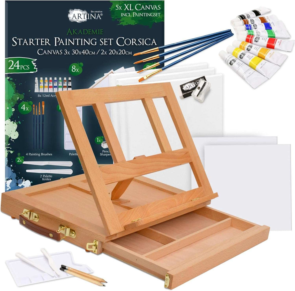 Artina Acrylfarben Malset 25-teilig mit Holz-Kofferstaffelei, Acrylfarben, Leinwänden und Zubehör